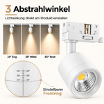 MUNDOTEC LED 3-Phasen-Schienenstrahler weiß 25 W – 24°, 38° und 60° Abstrahlwinkel, einstellbarer Frontring