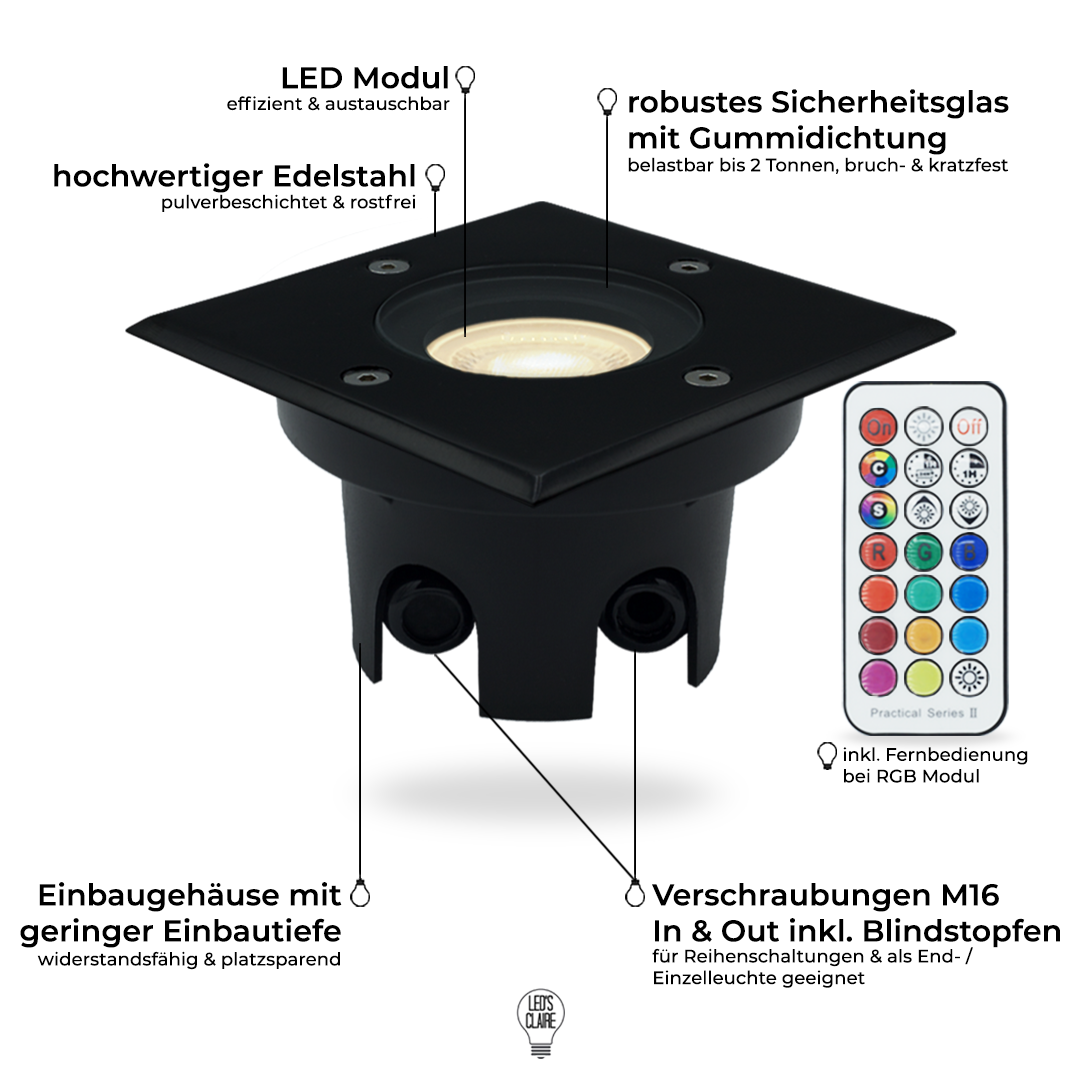 Bodeneinbaustrahler Edelstahl schwarz eckig IP67 inkl. LED - Modul