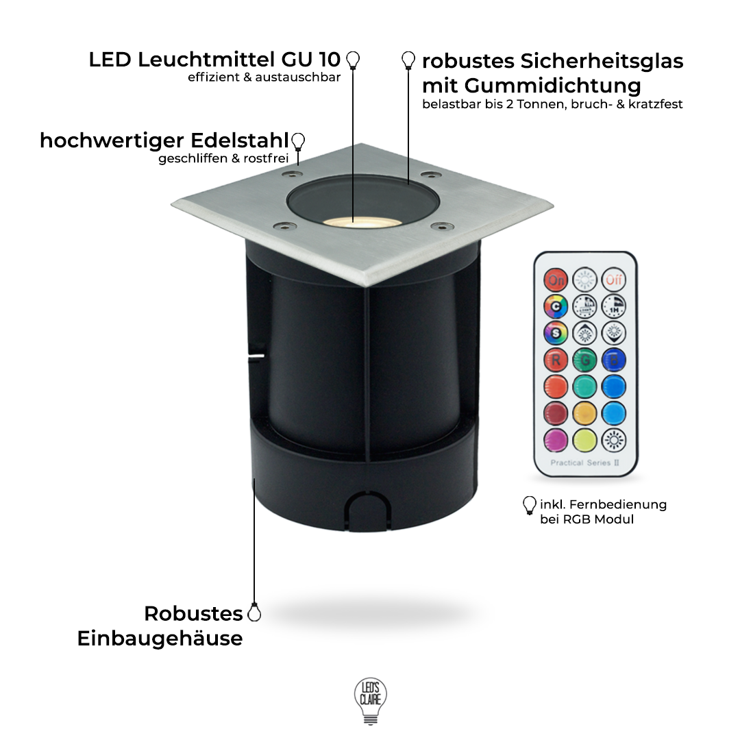 Bodeneinbaustrahler Edelstahl eckig GU10 IP67 inkl. LED - Leuchtmittel