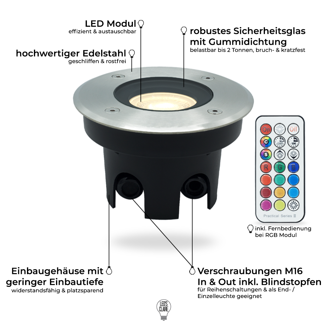 Bodeneinbaustrahler Edelstahl rund IP67 inkl. LED - Modul